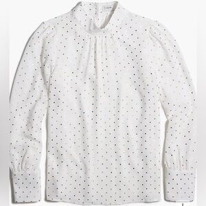J.Crew White With Gold Metallic Polka Dot Long-Sleeve Shirred Mock Neck Blouse